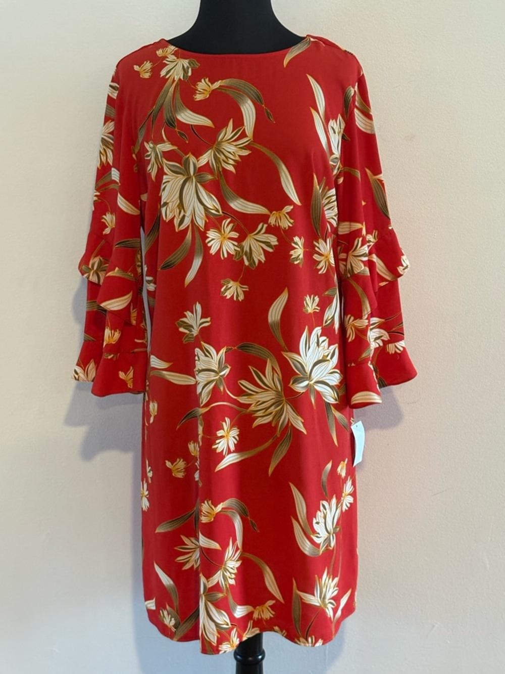 Red Floral Bell-Sleeve Long-Sleeve Dress XL